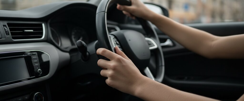 Handen van een jonge bestuurder aan het stuur tijdens automaat rijden, met wazige stad op de achtergrond