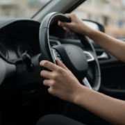 Handen van een jonge bestuurder aan het stuur tijdens automaat rijden, met wazige stad op de achtergrond