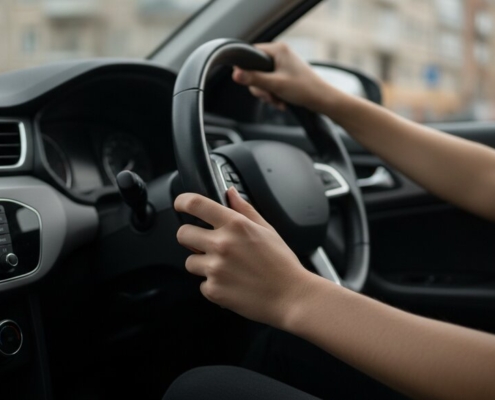 Handen van een jonge bestuurder aan het stuur tijdens automaat rijden, met wazige stad op de achtergrond