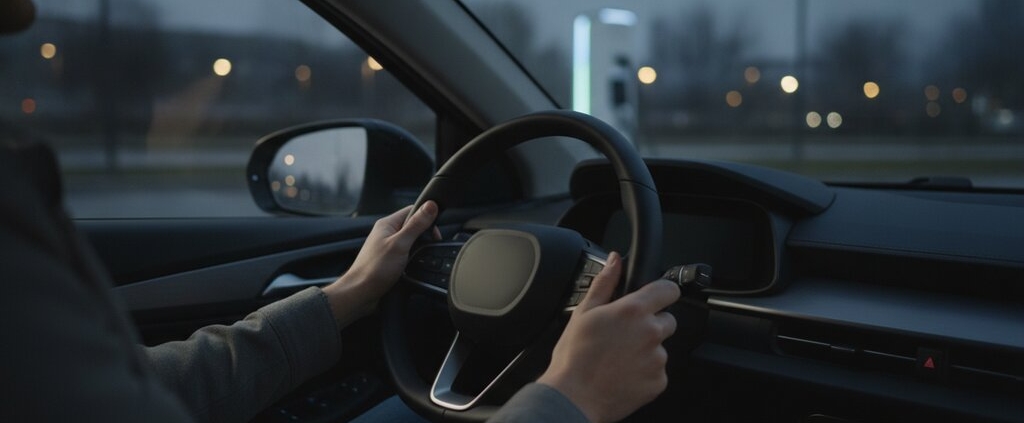 Jonge bestuurder met handen op het stuur van een elektrische auto bij een laadpaal in de schemering