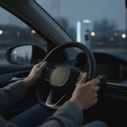 Jonge bestuurder met handen op het stuur van een elektrische auto bij een laadpaal in de schemering