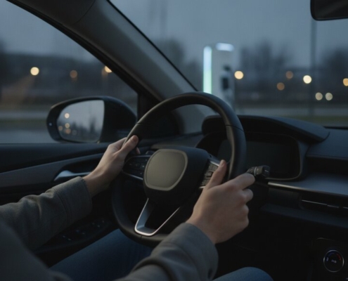Jonge bestuurder met handen op het stuur van een elektrische auto bij een laadpaal in de schemering