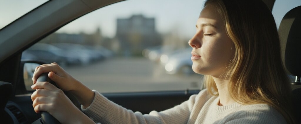 Jonge vrouw haalt rustig adem achter het stuur voor haar rijexamen, tips tegen examenstress