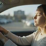 Jonge vrouw haalt rustig adem achter het stuur voor haar rijexamen, tips tegen examenstress