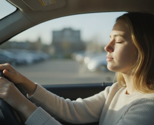 Jonge vrouw haalt rustig adem achter het stuur voor haar rijexamen, tips tegen examenstress