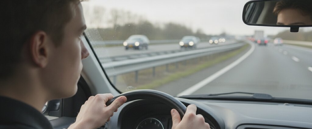Jonge bestuurder die invoegt op de snelweg en in de linkerspiegel kijkt