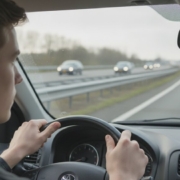 Jonge bestuurder die invoegt op de snelweg en in de linkerspiegel kijkt