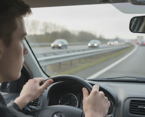 Jonge bestuurder die invoegt op de snelweg en in de linkerspiegel kijkt