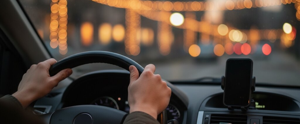 Jonge bestuurder rijdt veilig de weg op rond Koningsdag, telefoon onaangeraakt in de houder