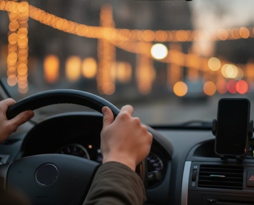 Jonge bestuurder rijdt veilig de weg op rond Koningsdag, telefoon onaangeraakt in de houder