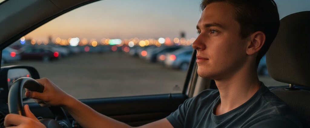 Jonge bestuurder rijdt in de schemering weg van een festivalparkeerterrein