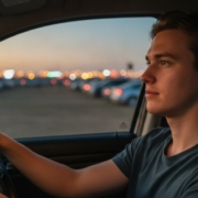 Jonge bestuurder rijdt in de schemering weg van een festivalparkeerterrein