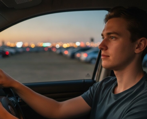 Jonge bestuurder rijdt in de schemering weg van een festivalparkeerterrein