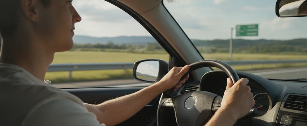 Jonge bestuurder met de auto naar het buitenland op een Europese snelweg