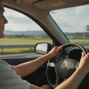 Jonge bestuurder met de auto naar het buitenland op een Europese snelweg
