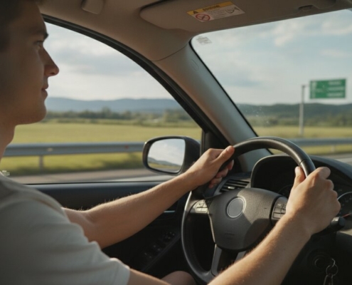 Jonge bestuurder met de auto naar het buitenland op een Europese snelweg