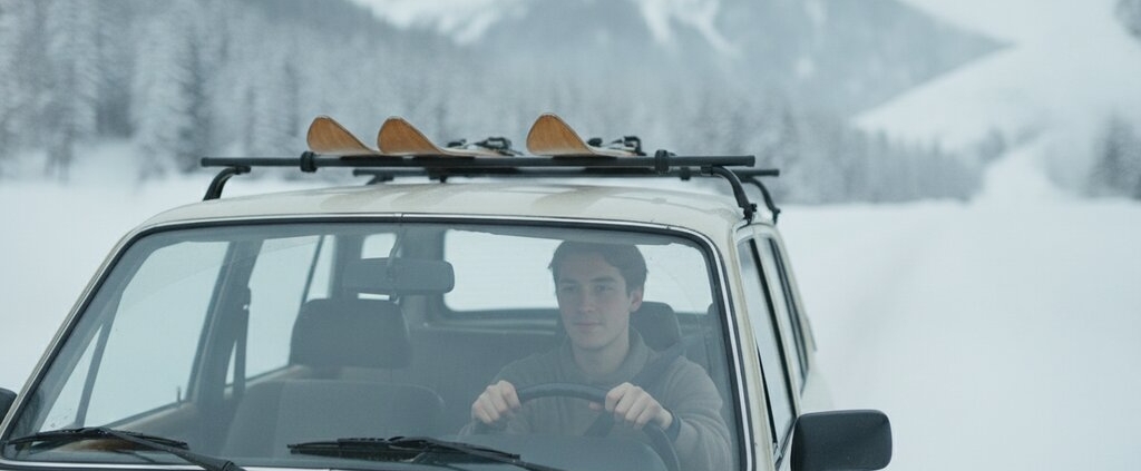 Jonge bestuurder met ski's op het dak op weg naar de wintersport met de auto