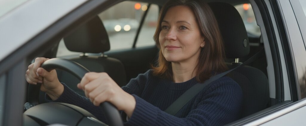 Volwassen leerling haalt rijbewijs op latere leeftijd, met beide handen aan het stuur in de lesauto