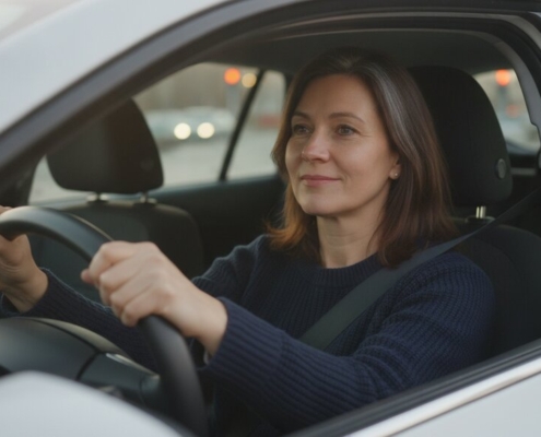 Volwassen leerling haalt rijbewijs op latere leeftijd, met beide handen aan het stuur in de lesauto