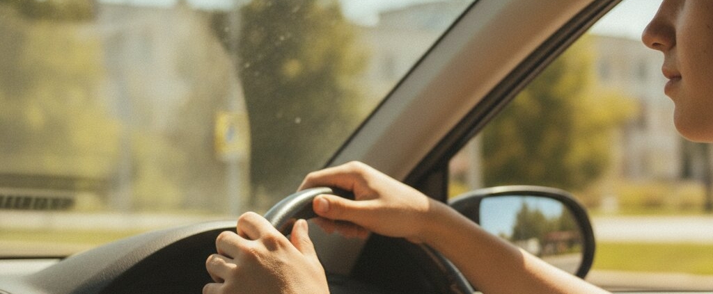 Jonge bestuurder met handen aan het stuur die bij 30 graden in de zomerzon rijdt