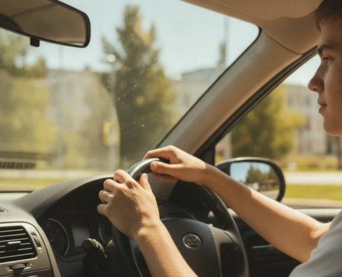 Jonge bestuurder met handen aan het stuur die bij 30 graden in de zomerzon rijdt