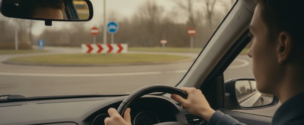 Jonge bestuurder met handen aan het stuur die een rotonde nadert