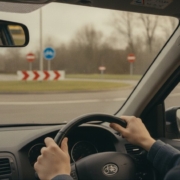 Jonge bestuurder met handen aan het stuur die een rotonde nadert