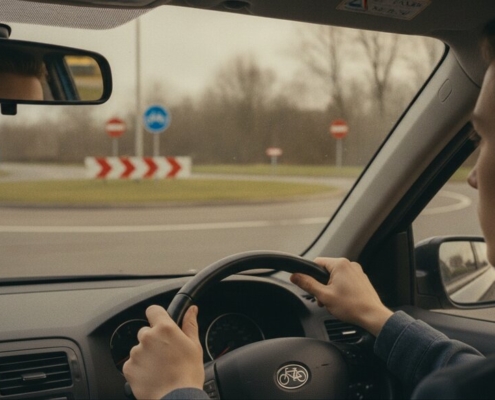 Jonge bestuurder met handen aan het stuur die een rotonde nadert