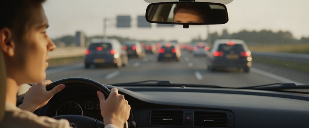 Jonge bestuurder houdt rustig afstand in de file op een drukke snelweg