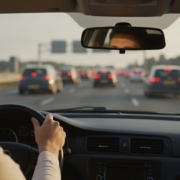 Jonge bestuurder houdt rustig afstand in de file op een drukke snelweg