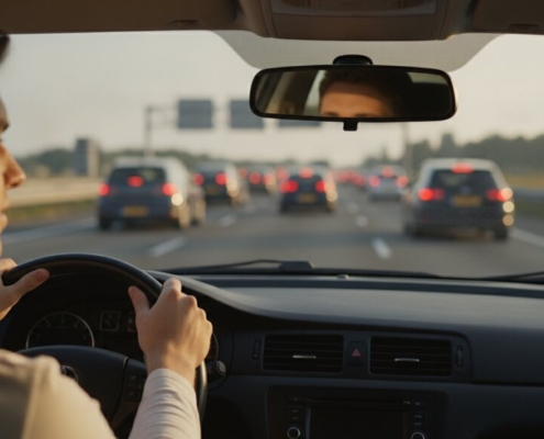 Jonge bestuurder houdt rustig afstand in de file op een drukke snelweg