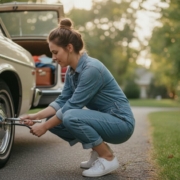 Jonge bestuurder controleert de bandenspanning bij de vakantiecheck van de auto voor vertrek