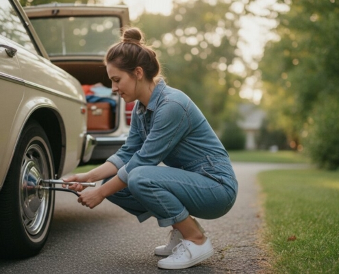 Jonge bestuurder controleert de bandenspanning bij de vakantiecheck van de auto voor vertrek
