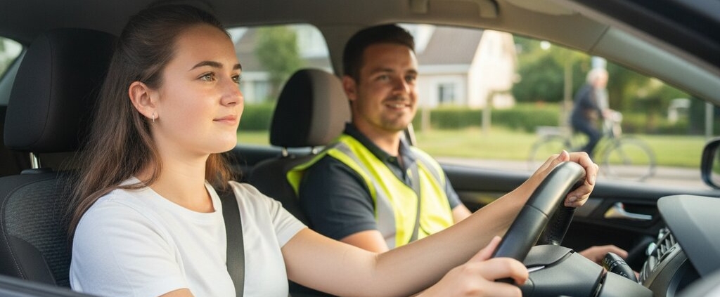Jonge leerling met handen op het stuur tijdens de proefles, instructeur ernaast op weg naar het rijbewijs