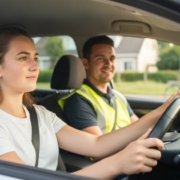 Jonge leerling met handen op het stuur tijdens de proefles, instructeur ernaast op weg naar het rijbewijs