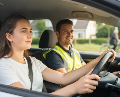 Jonge leerling met handen op het stuur tijdens de proefles, instructeur ernaast op weg naar het rijbewijs