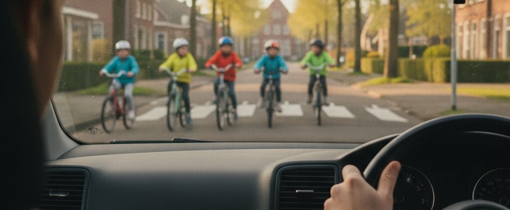 Jonge bestuurder remt af voor fietsende kinderen bij een schoolzone in de ochtendspits