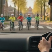 Jonge bestuurder remt af voor fietsende kinderen bij een schoolzone in de ochtendspits