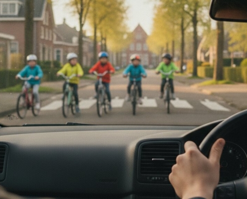 Jonge bestuurder remt af voor fietsende kinderen bij een schoolzone in de ochtendspits