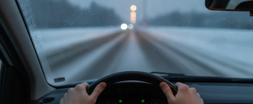 Jonge bestuurder met handen op het stuur rijdt voorzichtig bij gladheid en sneeuw in de schemering