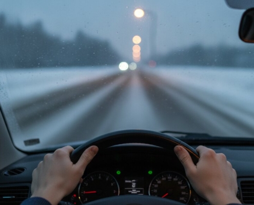 Jonge bestuurder met handen op het stuur rijdt voorzichtig bij gladheid en sneeuw in de schemering