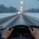 Jonge bestuurder met handen op het stuur rijdt voorzichtig bij gladheid en sneeuw in de schemering