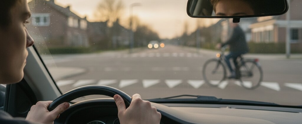 Jonge bestuurder verleent voorrang bij een kruispunt met haaientanden en een fietser van rechts