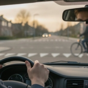 Jonge bestuurder verleent voorrang bij een kruispunt met haaientanden en een fietser van rechts