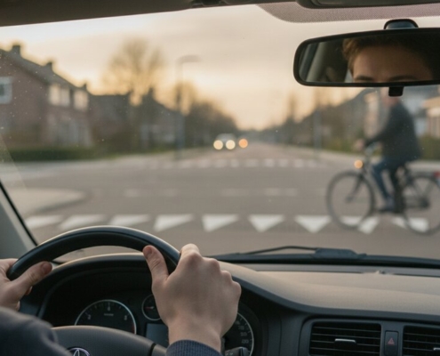 Jonge bestuurder verleent voorrang bij een kruispunt met haaientanden en een fietser van rechts