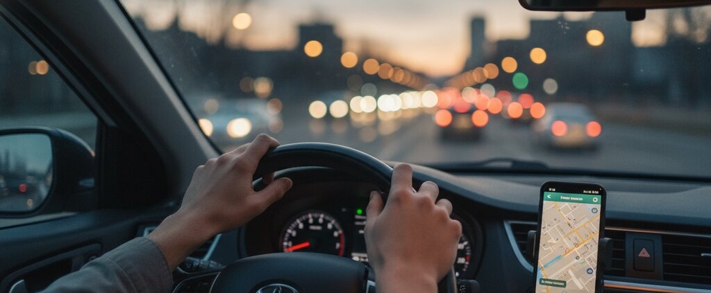Handen van een jonge bestuurder op het stuur bij schemering, smartphone in houder, met de wijzigingen voor automobilisten in 2026