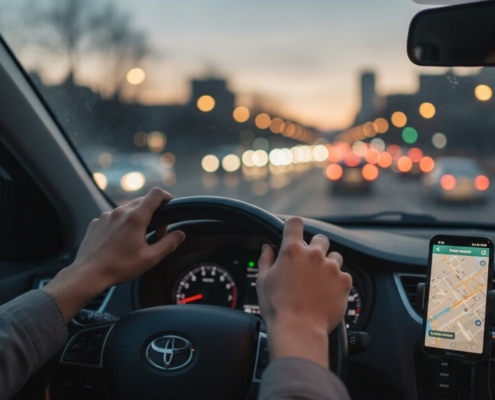 Handen van een jonge bestuurder op het stuur bij schemering, smartphone in houder, met de wijzigingen voor automobilisten in 2026