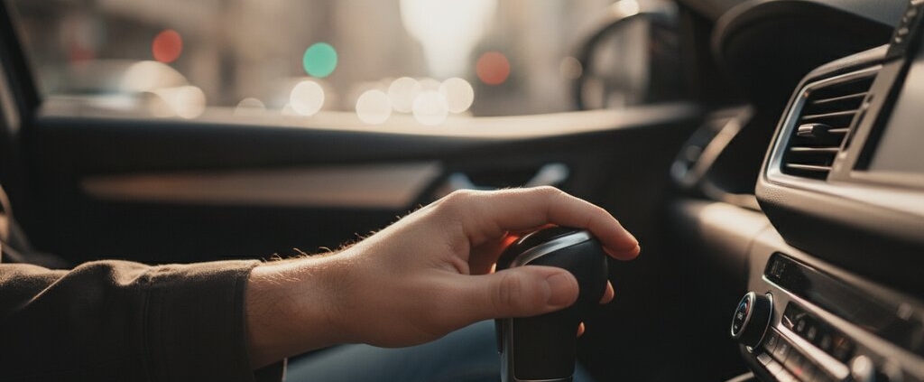 Jonge bestuurder met de hand op de versnellingspook van een automaat, keuze tussen automaat of schakelauto