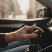 Jonge bestuurder met de hand op de versnellingspook van een automaat, keuze tussen automaat of schakelauto