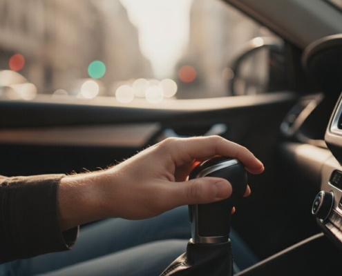Jonge bestuurder met de hand op de versnellingspook van een automaat, keuze tussen automaat of schakelauto